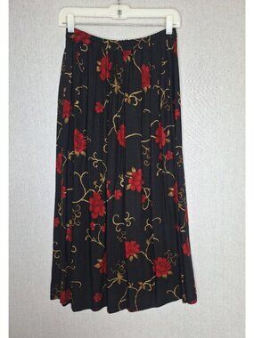 💙 Vintage Black Floral Rayon Midi Skirt Petite Waist 28/29 Red Roses Elastic Wa